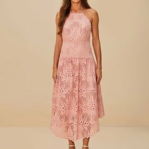 Blush Pink Palm Tree Eyelet Midi Dress